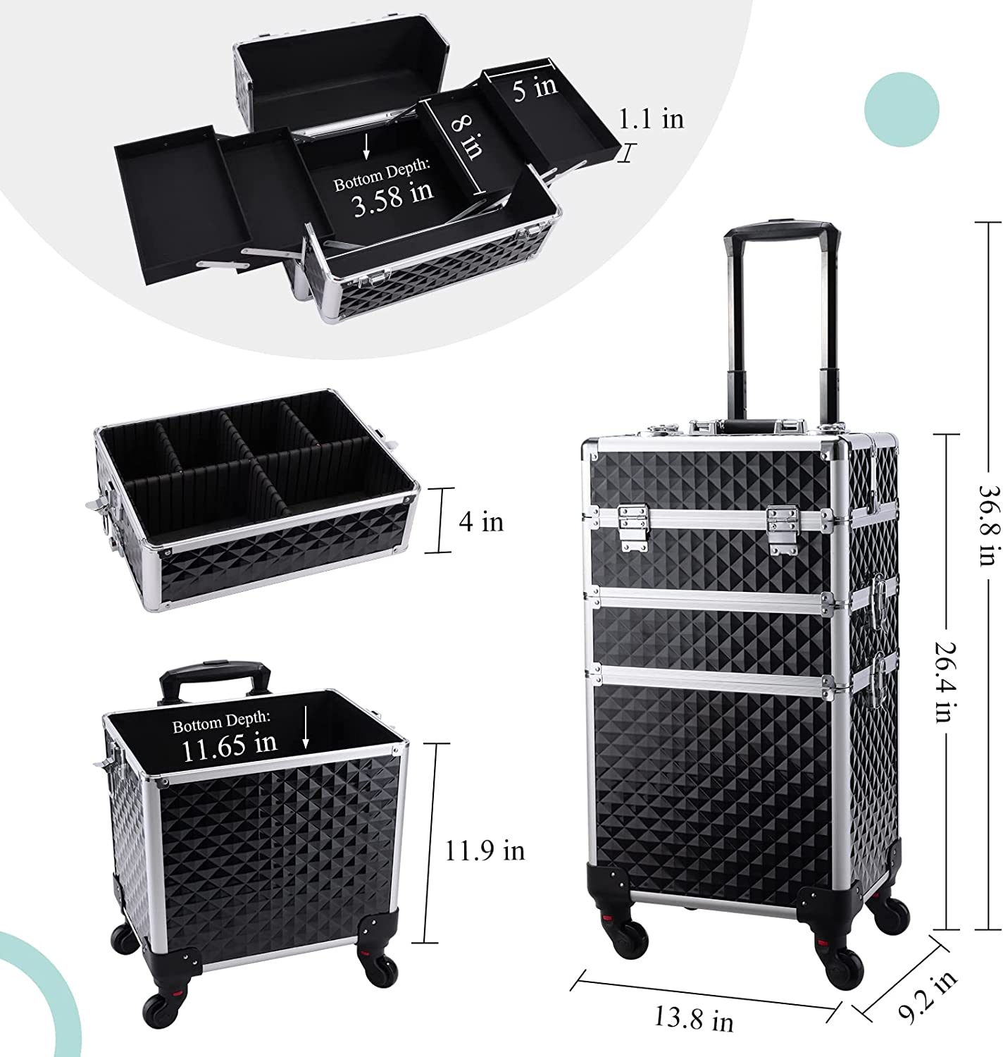 3in 1 Vanity Box and trolley, Professional Cosmetic Trolley with Large Storage and Keys Swivel Wheels for for Make Up, Hairstylists, Nail Tech
